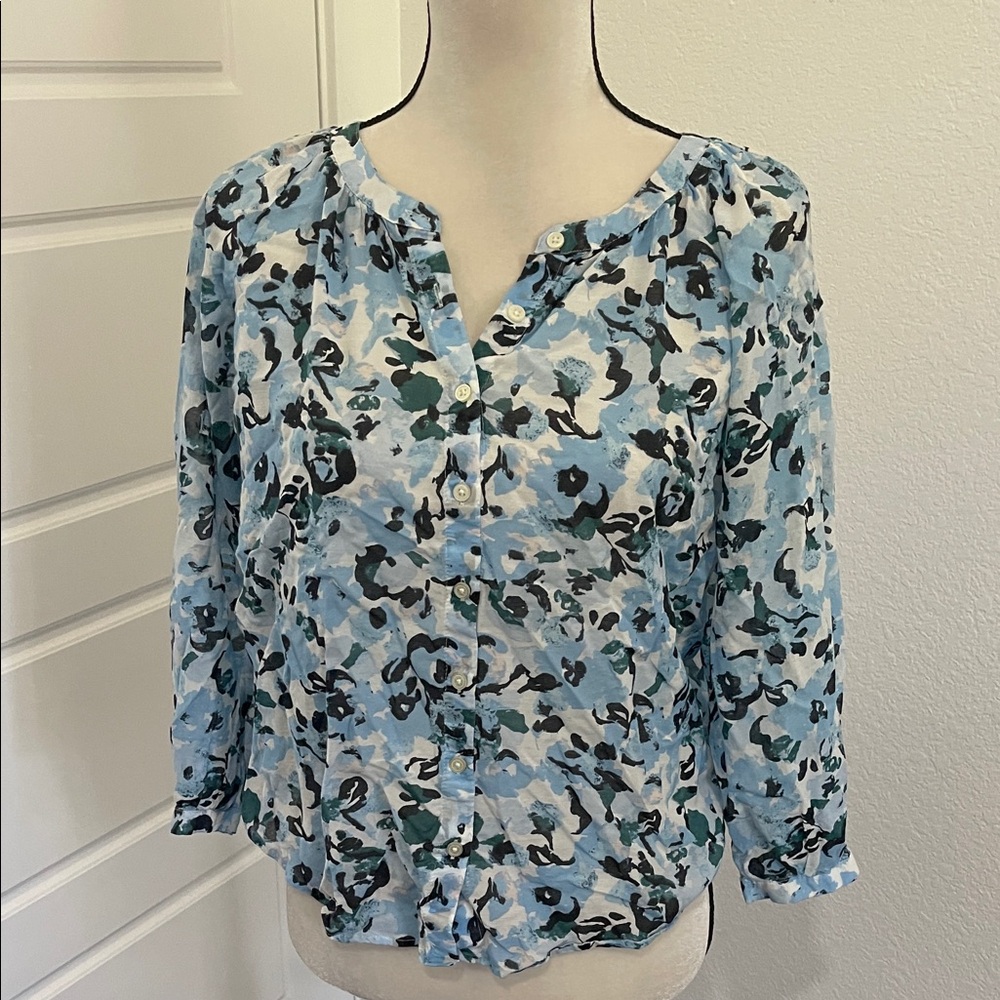 Ann Taylor Blue and Navy Floral Button-Down Blouse